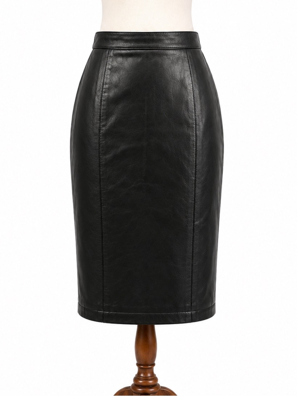 Winlit Vintage Black Genuine Leather Pencil Skirt - Sleek Women's Workwear Small